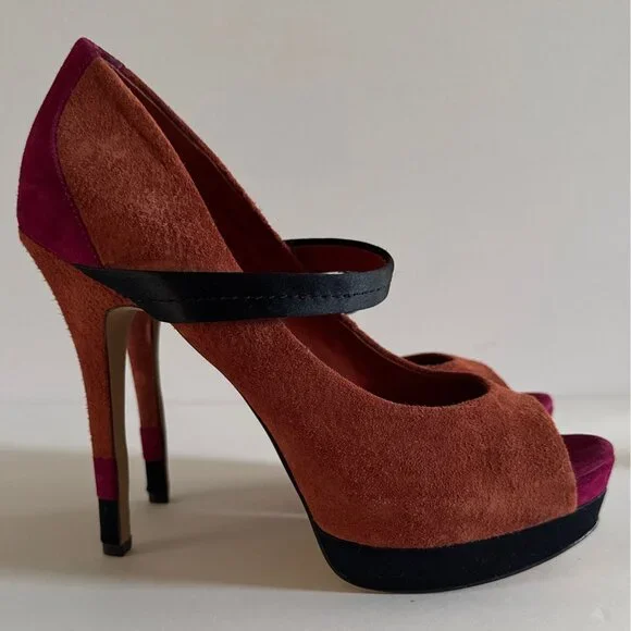 Women’s Suede Peep Toe Heels Size 8.5 M Orange Black Pink Color block Formal - Picture 5 of 14
